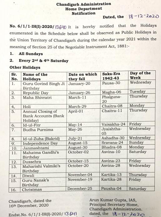 Chandigarh administration has issued a list of holidays for the year 2021, the Home Department announced in a notification.