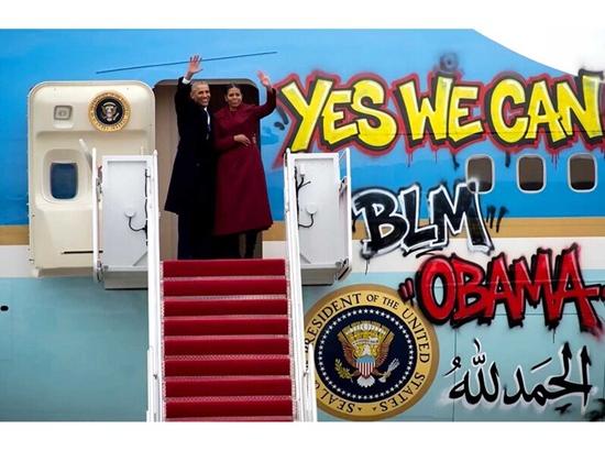 Trump shares doctored image of Obama and Michele with Graffiti-covered Air Force One
