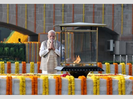 PM Modi, top leaders pay floral tribute to Mahatma Gandhi at Samvidhan Sadan on Gandhi Jayanti