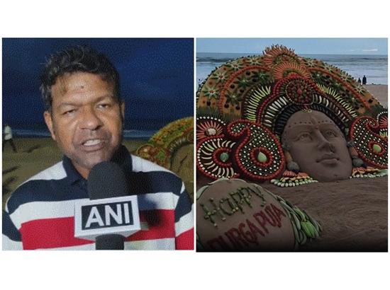 Sand artist Sudarsan Pattnaik creates eye-catching Durga Puja artwork with 32 types of fruits, vegetables