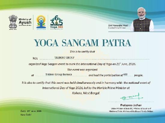 Trident Group honoured with Yoga Sangam Patra for International Yoga Day 2026 event 