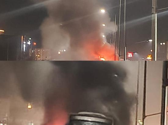 Early-morning panic on Zirakpur Flyover as passenger bus erupts in flames