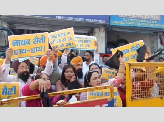 AAP waves black flags at Haryana CM Saini in Ludhiana