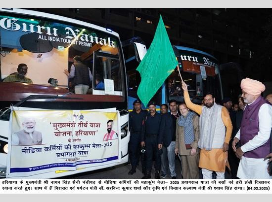 Haryana CM Nayab Saini flags off buses for media persons for Mahakumbh