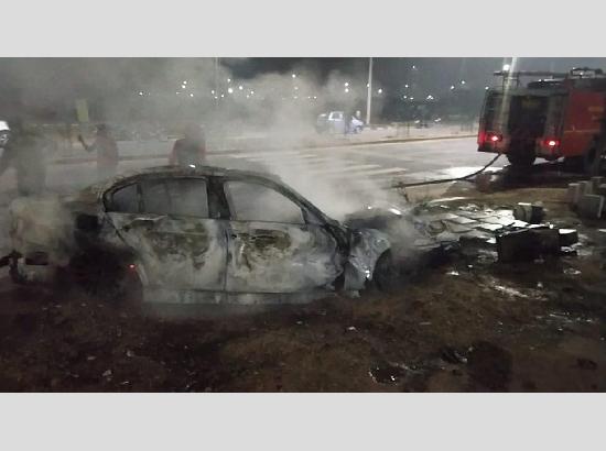 BMW catches fire after colliding with Skoda, two injured