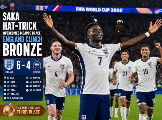 FIFA World Cup 2026: Saka hat-trick overcomes Mbappe brace as England clinch bronze with 6-4 win over France
