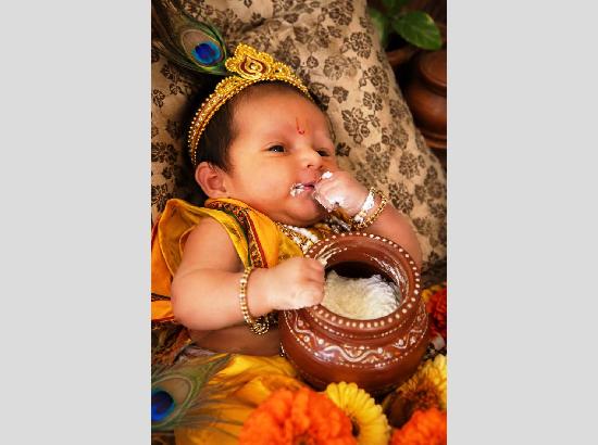 Little Evansh Jatolia dressed as Lord Krishna on Janmashtami